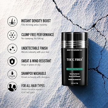 THICK FIBER Hair Fibers for Women & Men with Thinning Hair (Ash Brown) 12g, Hair Loss Concealer, Covers Bald Spots, Hairline & Sparse Areas, Natural Fuller Looking Hair