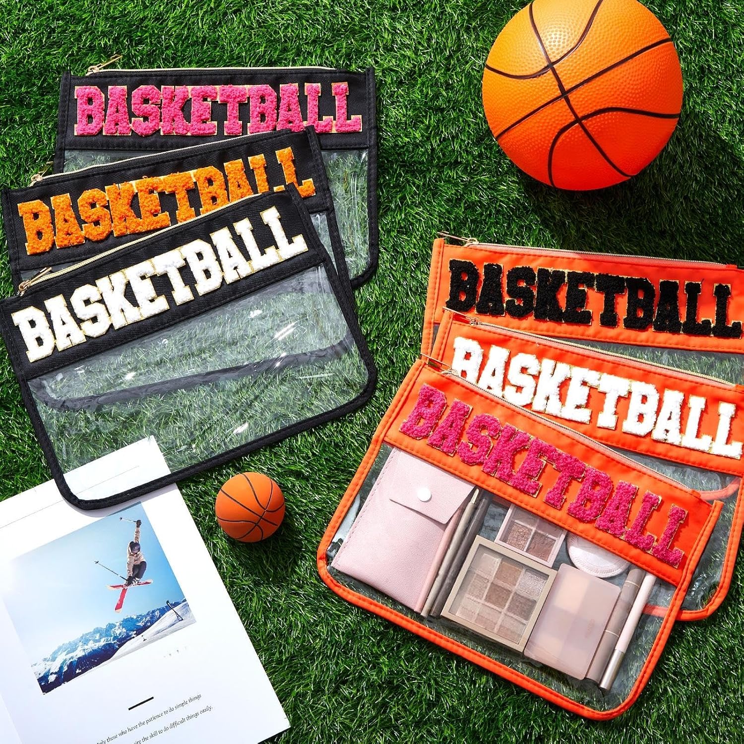 Aliceset 6 Pcs Basketball Chenille Letter Preppy Patch Makeup Snack Bags, Gift for Women Waterproof PVC Cosmetic Organizer Storage, Flat Clear Portable Toiletry Zipper Pouch(Orange, Black) image 2