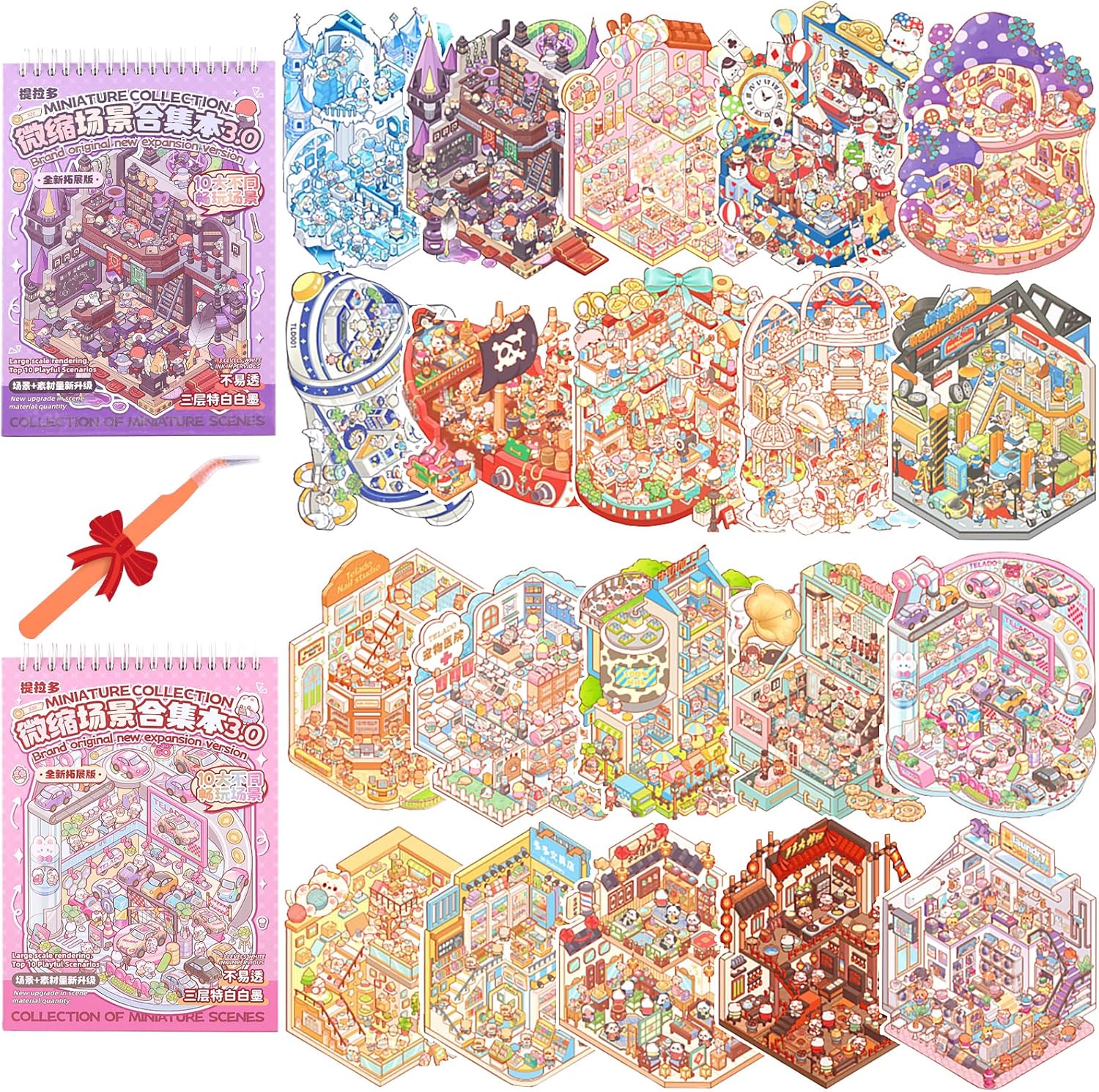 2 Books 3D Sticker Scene Book with 20 Sets Cute DIY 3D Scene Stickers Make Your Own House Therapy Stickers for Stress Relief