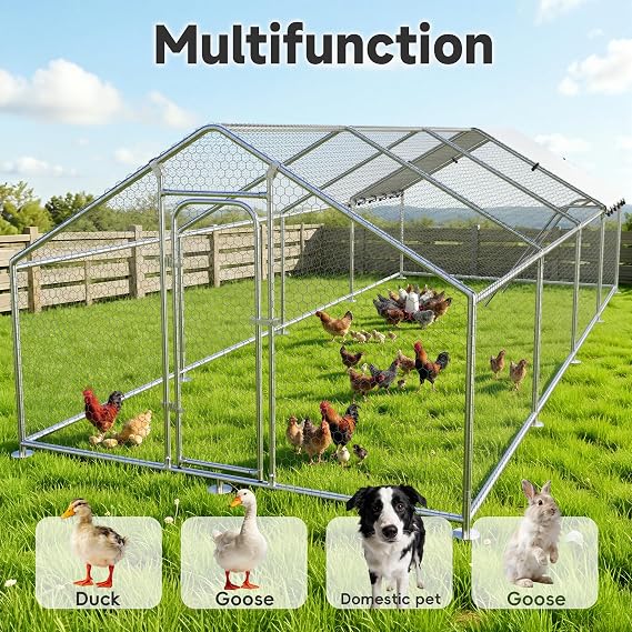 Large Metal Chicken Coop with Roosting Ladder, UV-Resistant and Waterproof Cover, Outdoor Walk-in Cage Hen House for Yard Farm Rabbit Duck Chicken Run, Spire Roof (13.1'W x 9.8'L x 6.4'H)