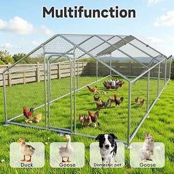 Large Metal Chicken Coop with Roosting Ladder, UV-Resistant and Waterproof Cover, Outdoor Walk-in Cage Hen House for Yard Farm Rabbit Duck Chicken Run, Spire Roof (13.1'W x 9.8'L x 6.4'H)