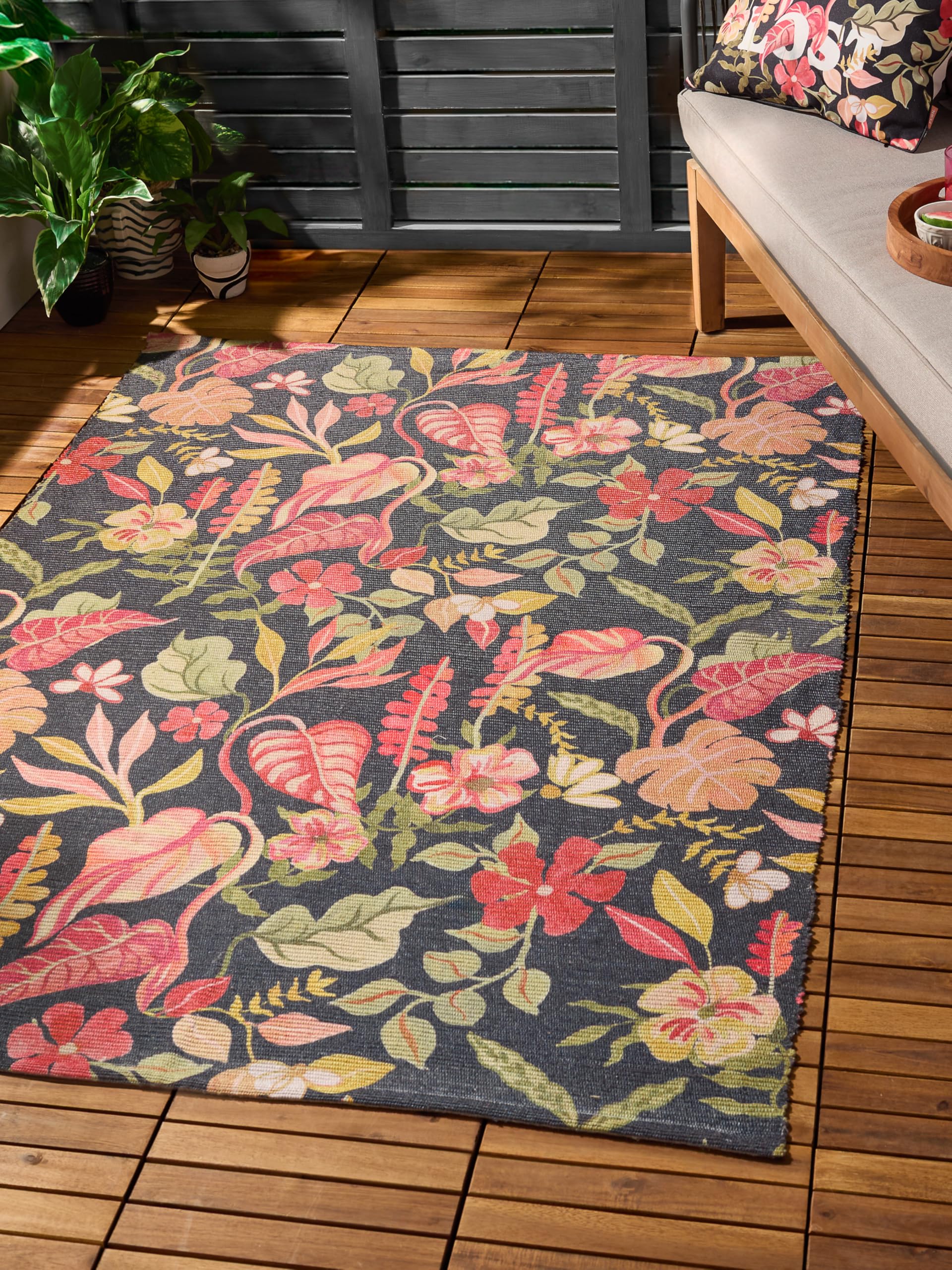 furn. Floral Rug – Indoor/Outdoor Vibrant Floral Washable Weather Resistant Woven Rug (Tropical Bloom Black - 120x170cm
