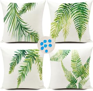 HUASHUZI Green Outdoor Pillow Covers Leaf Plant Throw Pillow Case Outdoor Waterproof Tropical Garden Cushions 18x18 Inch Set of 4 Patio Furniture Pillows Decorative for Home Sofa Couch