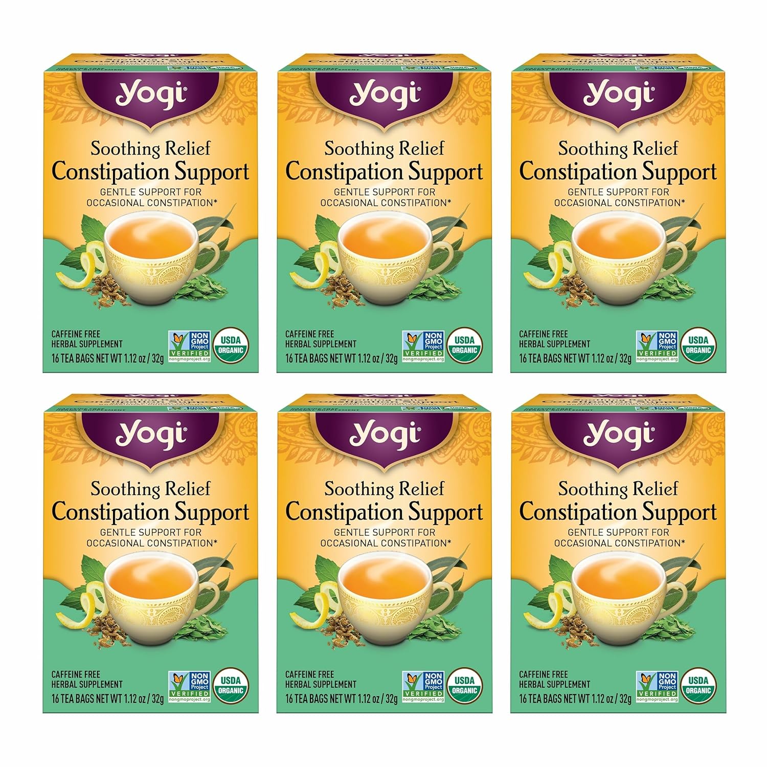Yogi Tea Soothing Relief Constipation Support - Tea with Organic Senna Leaf - Gently Aids Constipation Overnight - Laxative Tea Blended With Peppermint & Sage - 16 Tea Bags Per Pack (6 Packs)