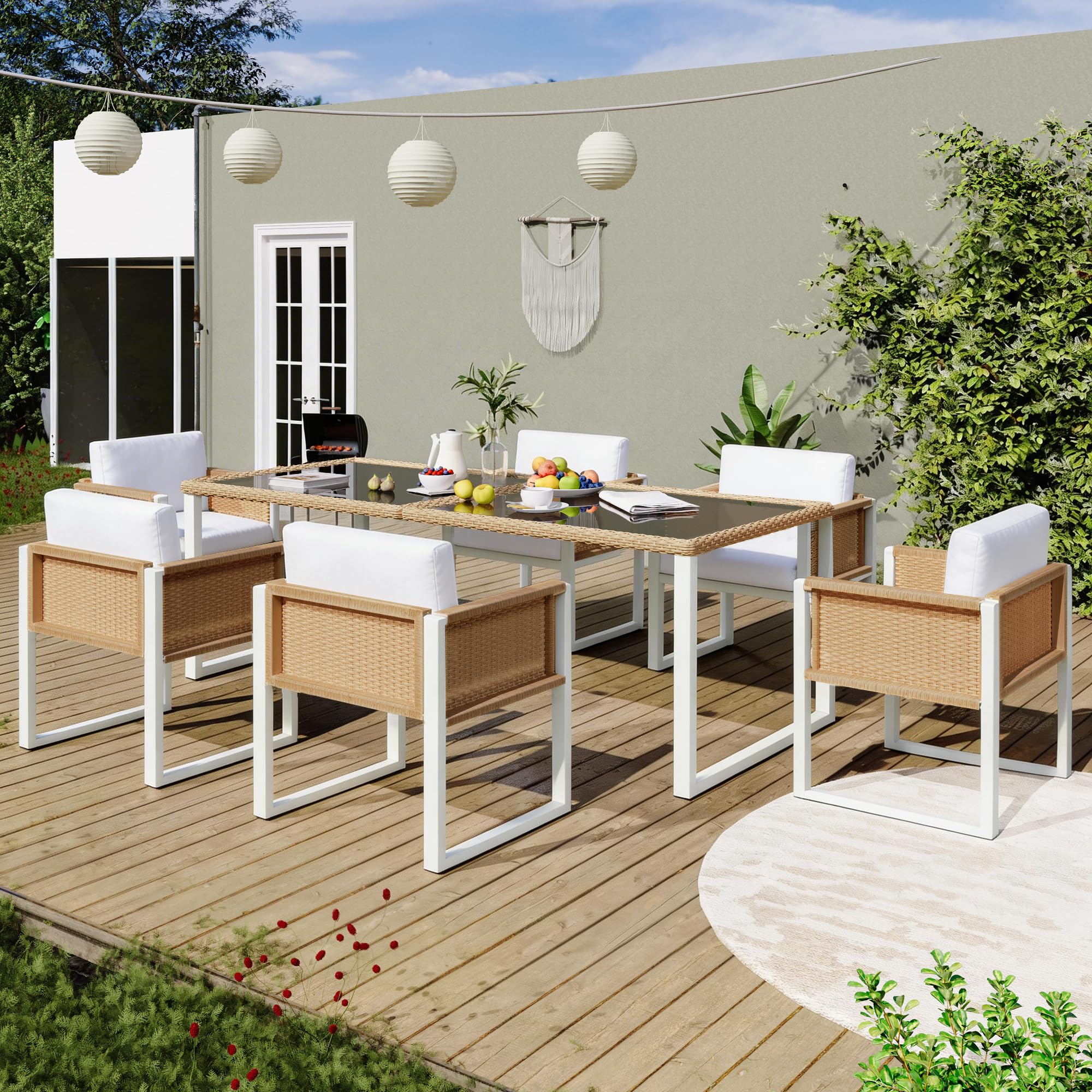 Gartenmöbel Sitzgruppe aus Rattan für 6 Personen, Marrón + Blanco