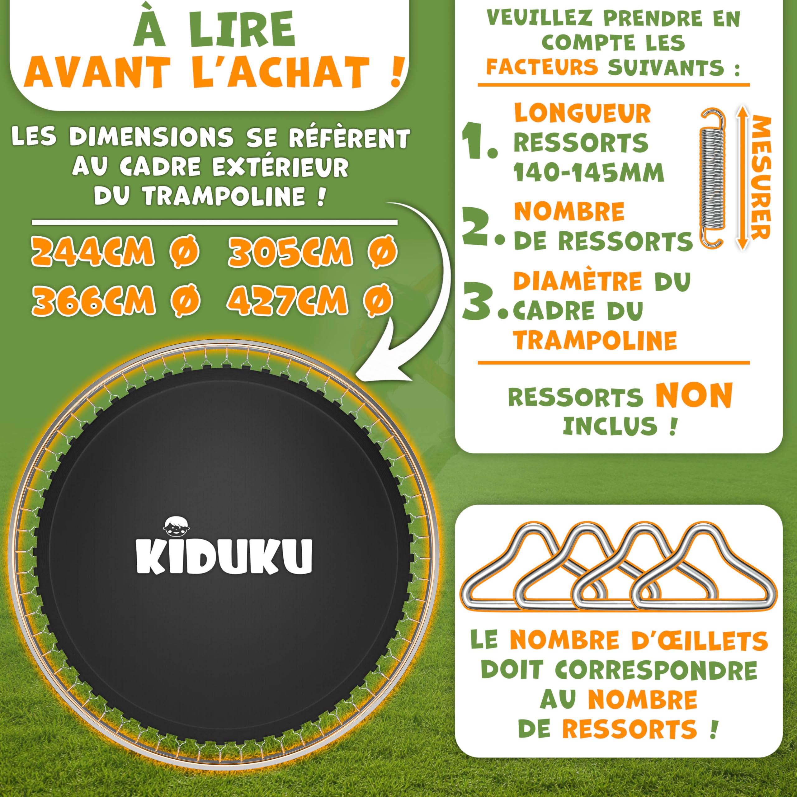 KIDUKU® Tapis de Saut pour Trampoline Ø 244, 305, 366, 427 cm | Tapis de Saut de Rechange 48-96 Oeillets | Résistant aux UV et aux intempéries | Accessoires de Rechange pour Trampoline de Jardin