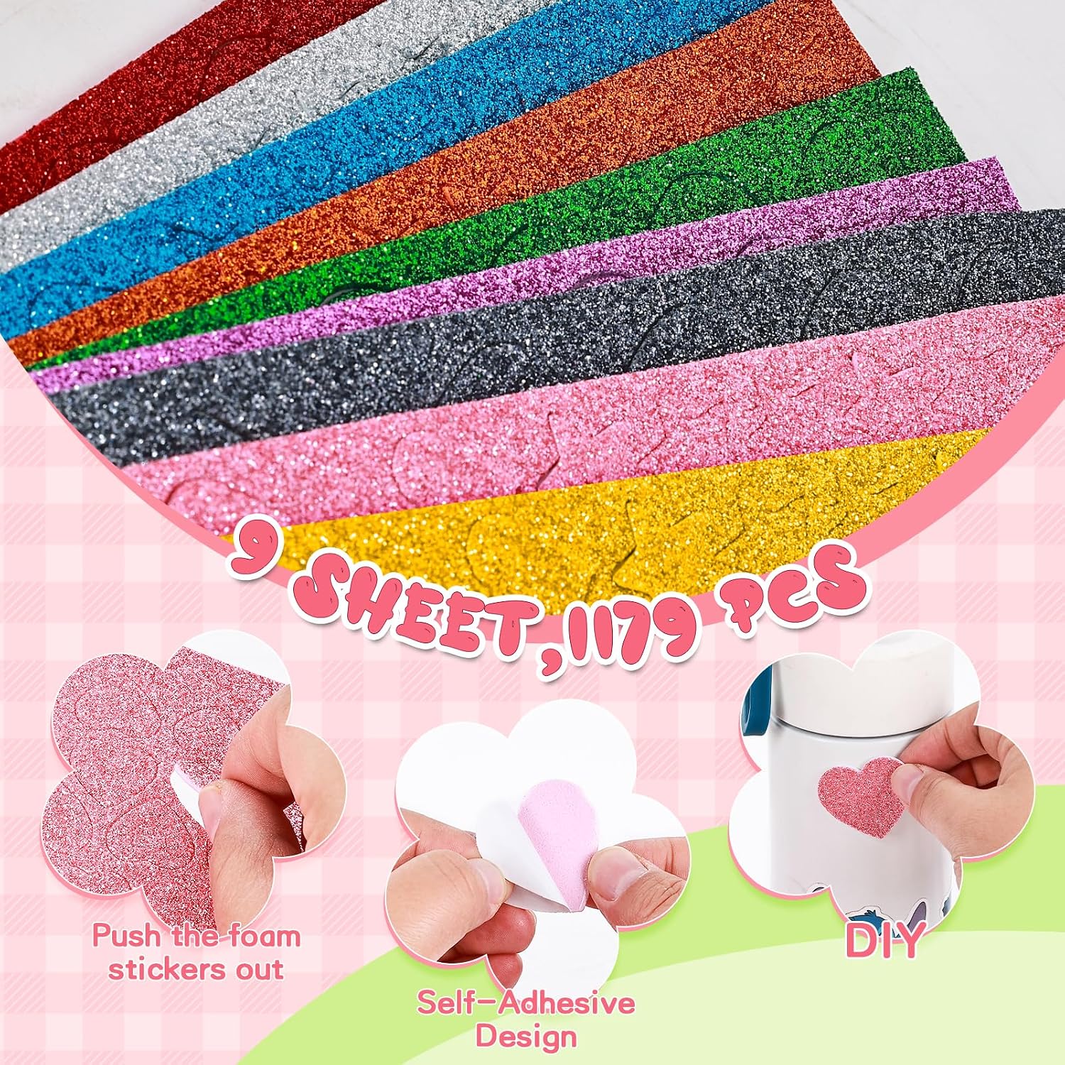 1179 PCS Self Adhesive Glitter Foam Stickers, Colorful Heart and Star Foam Stickers for Kids Crafts, Cards, Scrapbook Stickers, Classroom Rewards, Party Favors, DIY Art Projects and Craft Supplies
