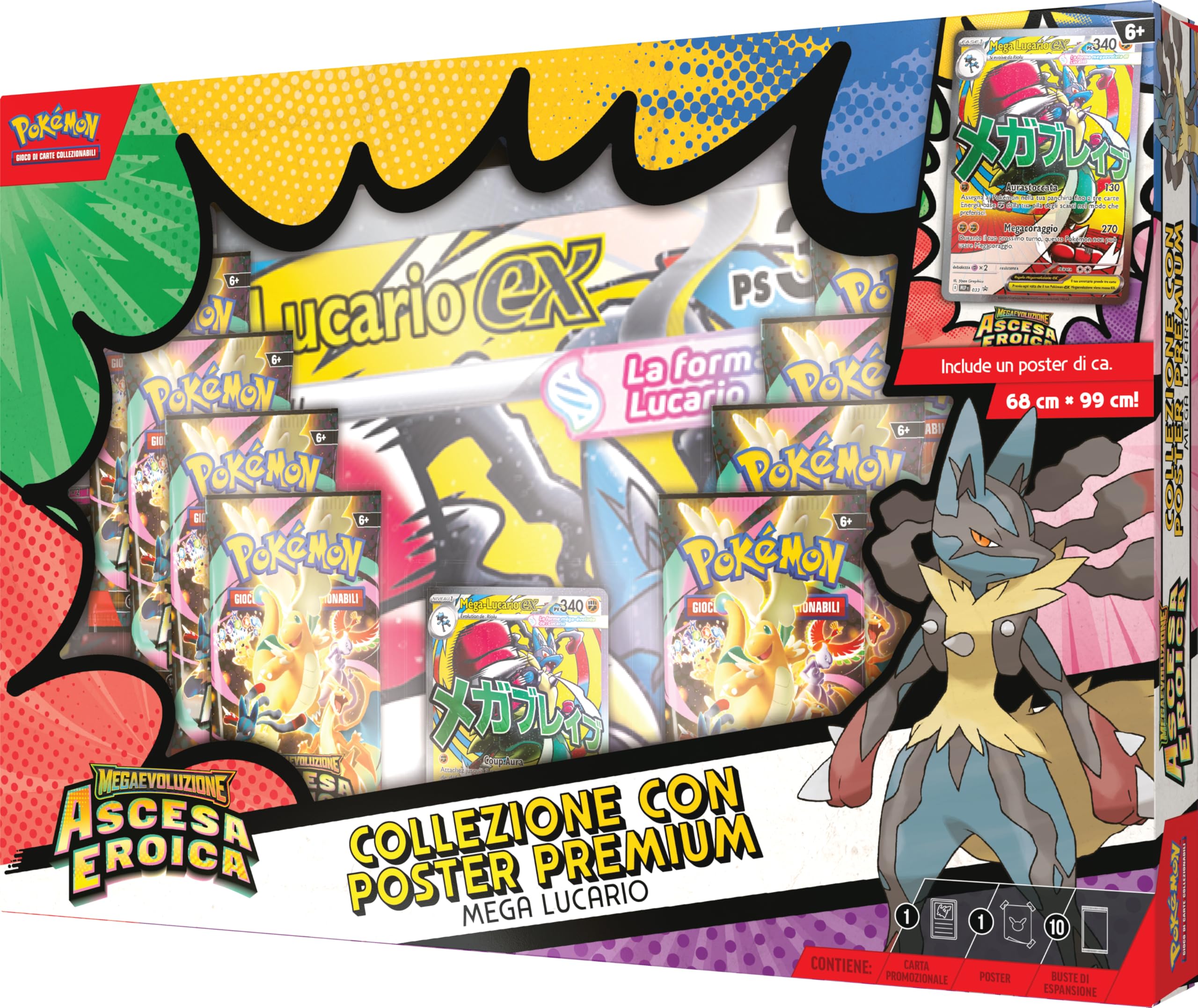 Pokémon: Mega Lucario Expansion Expansion MegaEvolution Collection - Heroiczne powstanie GCC Pokémon (holograficzna karta promocyjna, plakat dwustronny i 10 rozszerzeń)