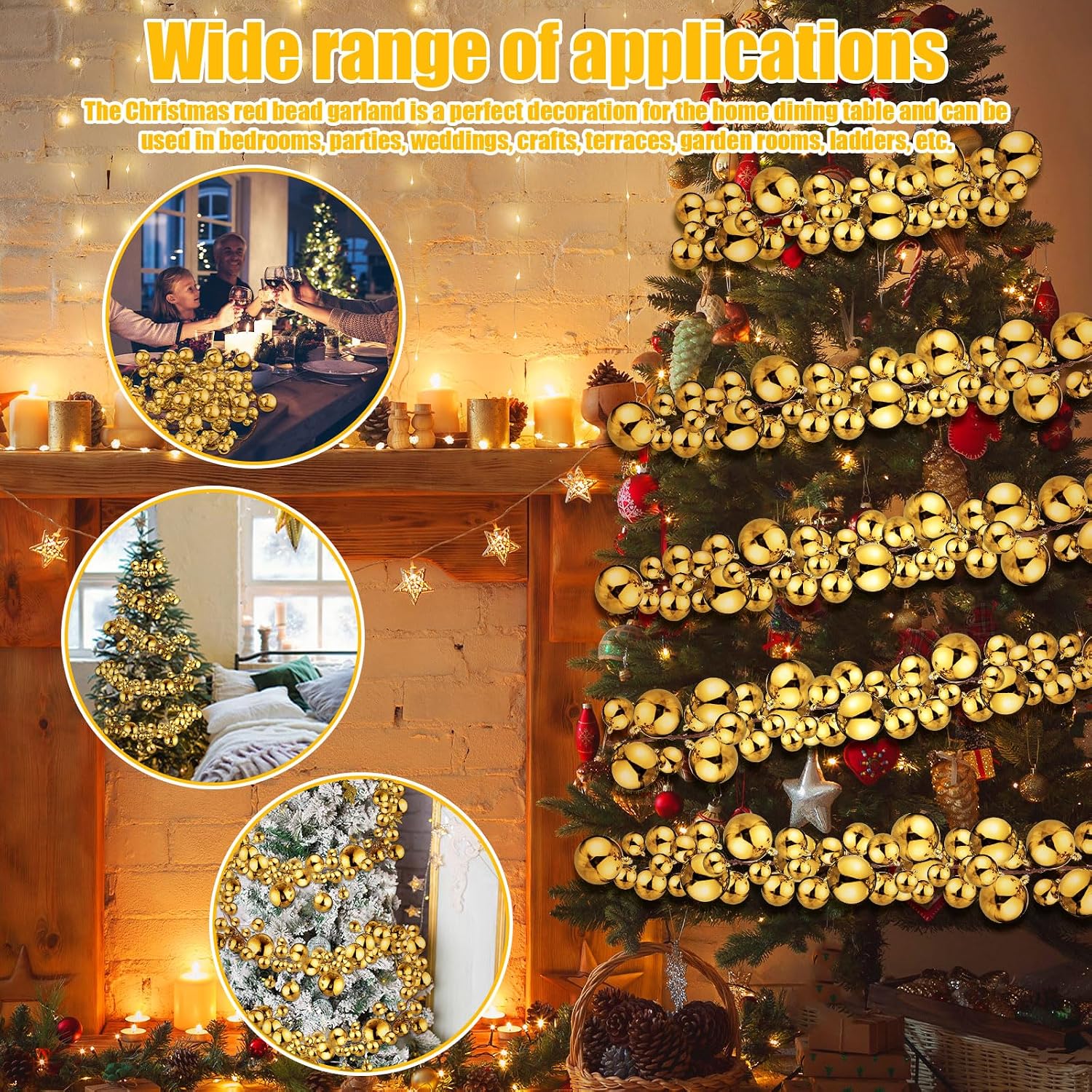 2 Pcs Christmas Ball Garland 6 ft Ball Ornaments Christmas Bulb Garland Xmas Tree Bauble Decorations for Party Supplies Indoor Outdoor Home Office Decoration Accessories(Gold)