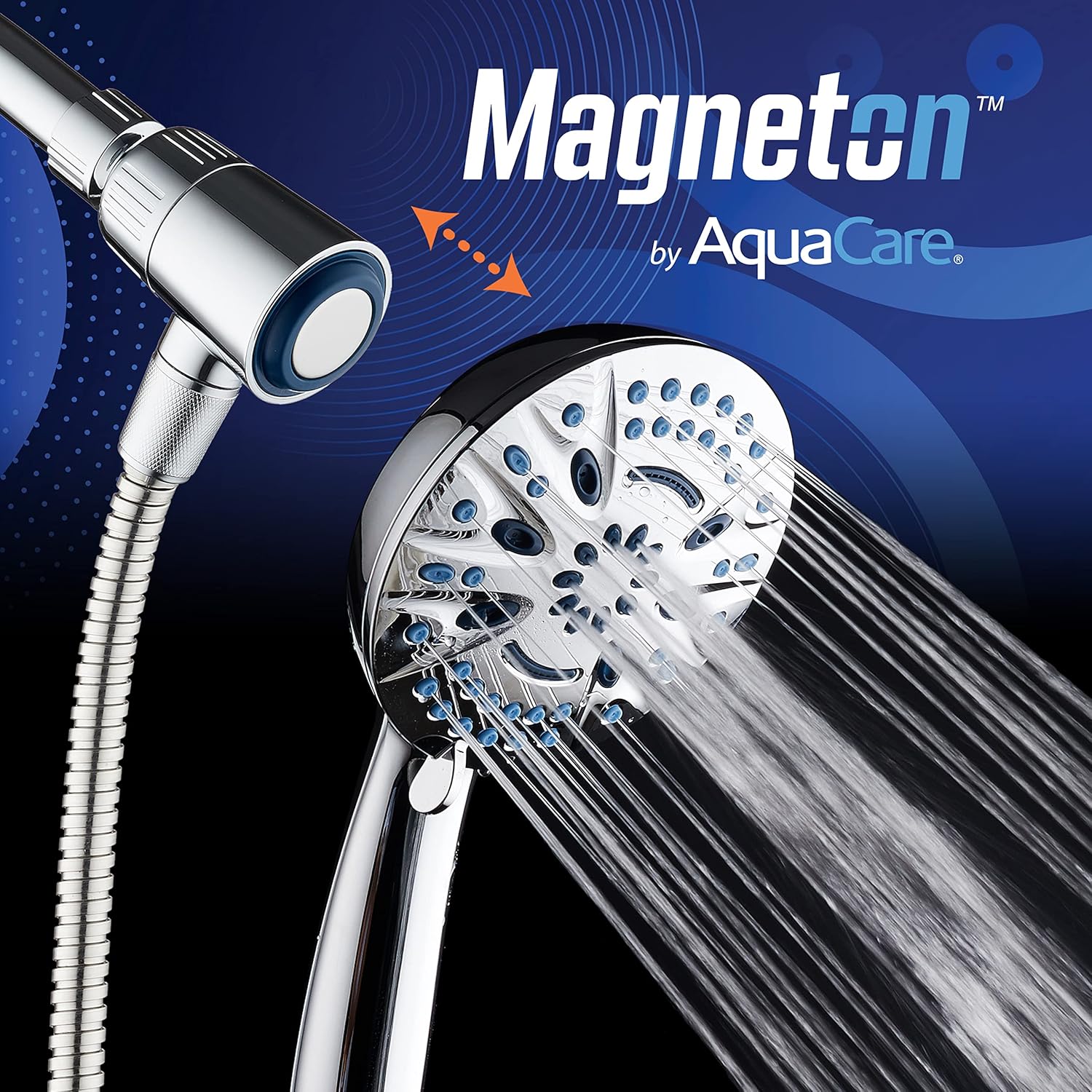 Image showing the Magneton shower head being docked onto the magnetic bracket, with arrows indicating the magnetic connection.