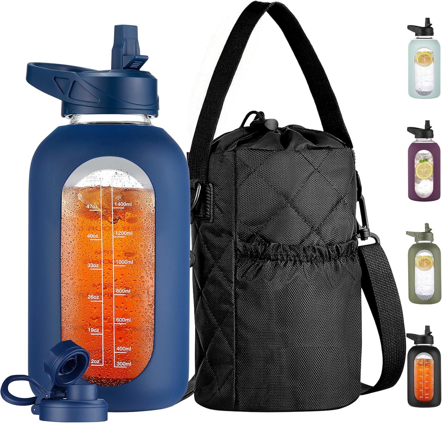 CIVAGO Half Gallon Glass Water Bottle with Straw and Insulated Bottle Holder Sling, 64 oz Motivational Water jug with Time Marker and Silicone Sleeve, Water Flask with 2 Lids, Navy