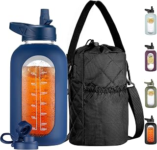 CIVAGO 64 oz Glass Water Bottle with Straw and Insulated Bottle Holder | Half Gallon Motivational Water Jug with Time Marker and Silicone Sleeve, Large Leakproof Water Flask with 2 Lids, Navy