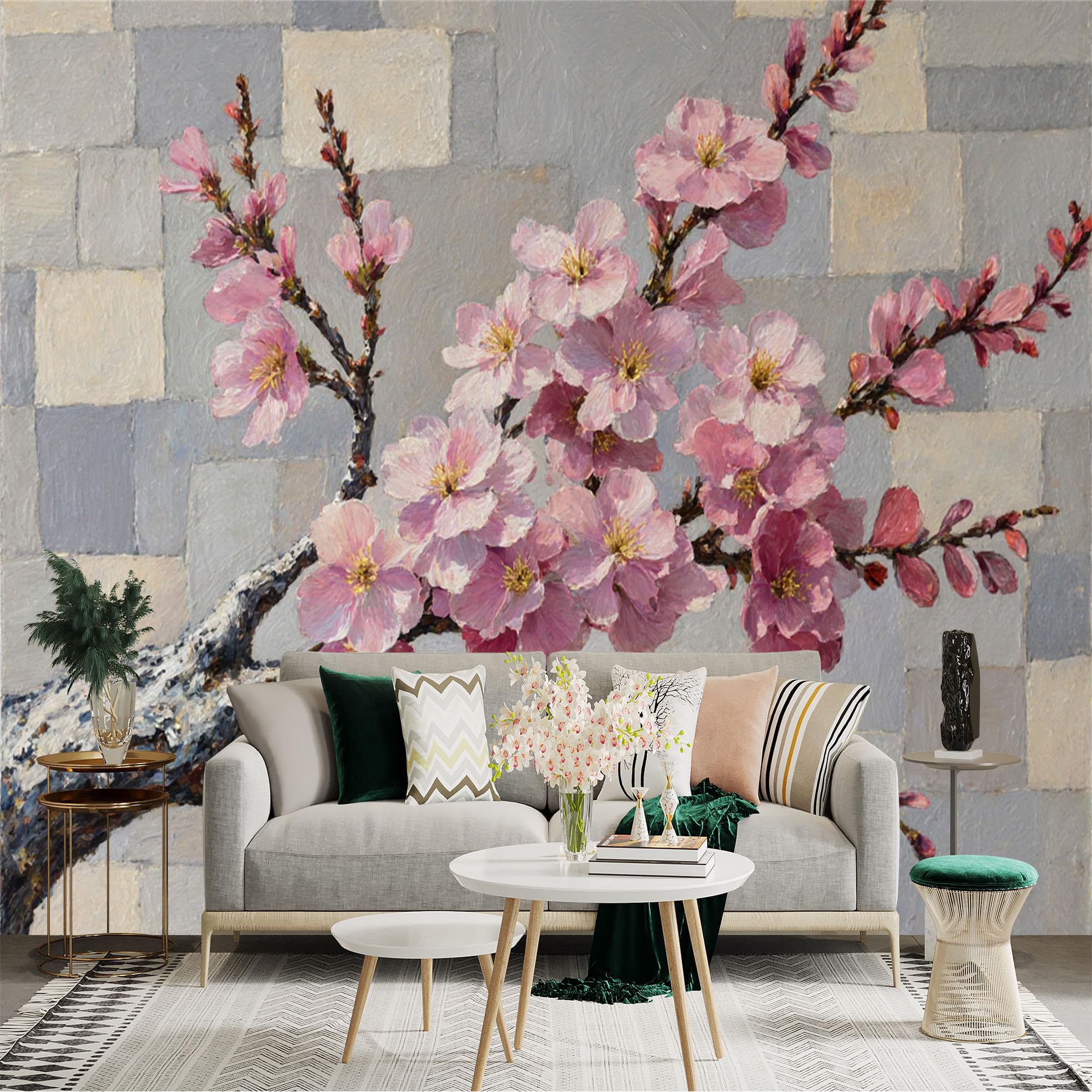 Custom Size Wall Sticker Mural， Pink Cherry Blossom Branch with Textured Background， for wall Decoration， peelandstick wall Decals.