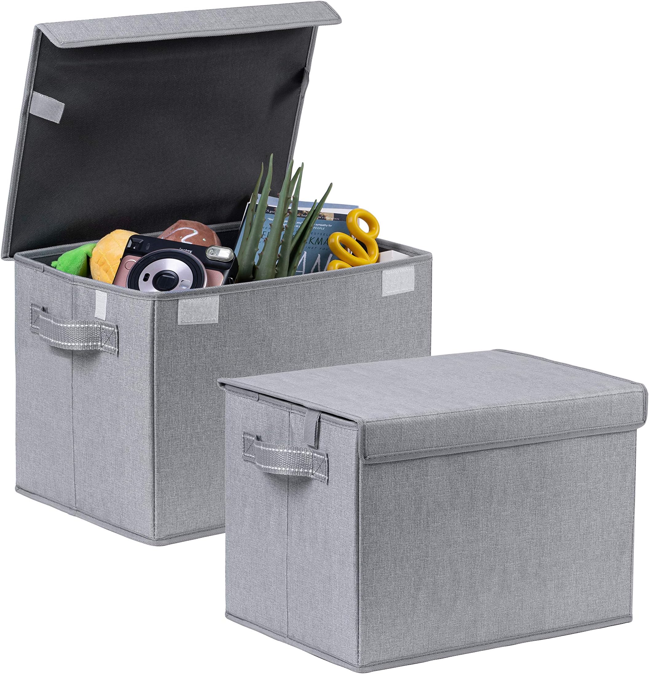 VENO 2 Pack Large Collapsible Storage Bin with Lid, Decorative Box, Cube, Organizer, Container for Home Office Shelf Closet Clothes Sundries, Reusable and Sustainable (Gray - Set of 2)