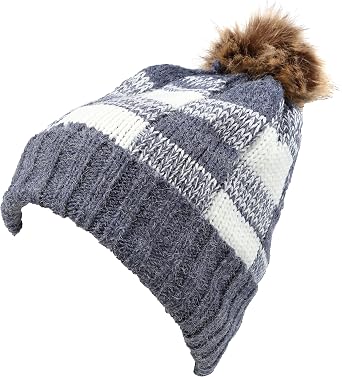 Sakkas Baya Long Tall Checker Pattern Fold Over Faux Fur Pom Pom Unisex Beanie Hat