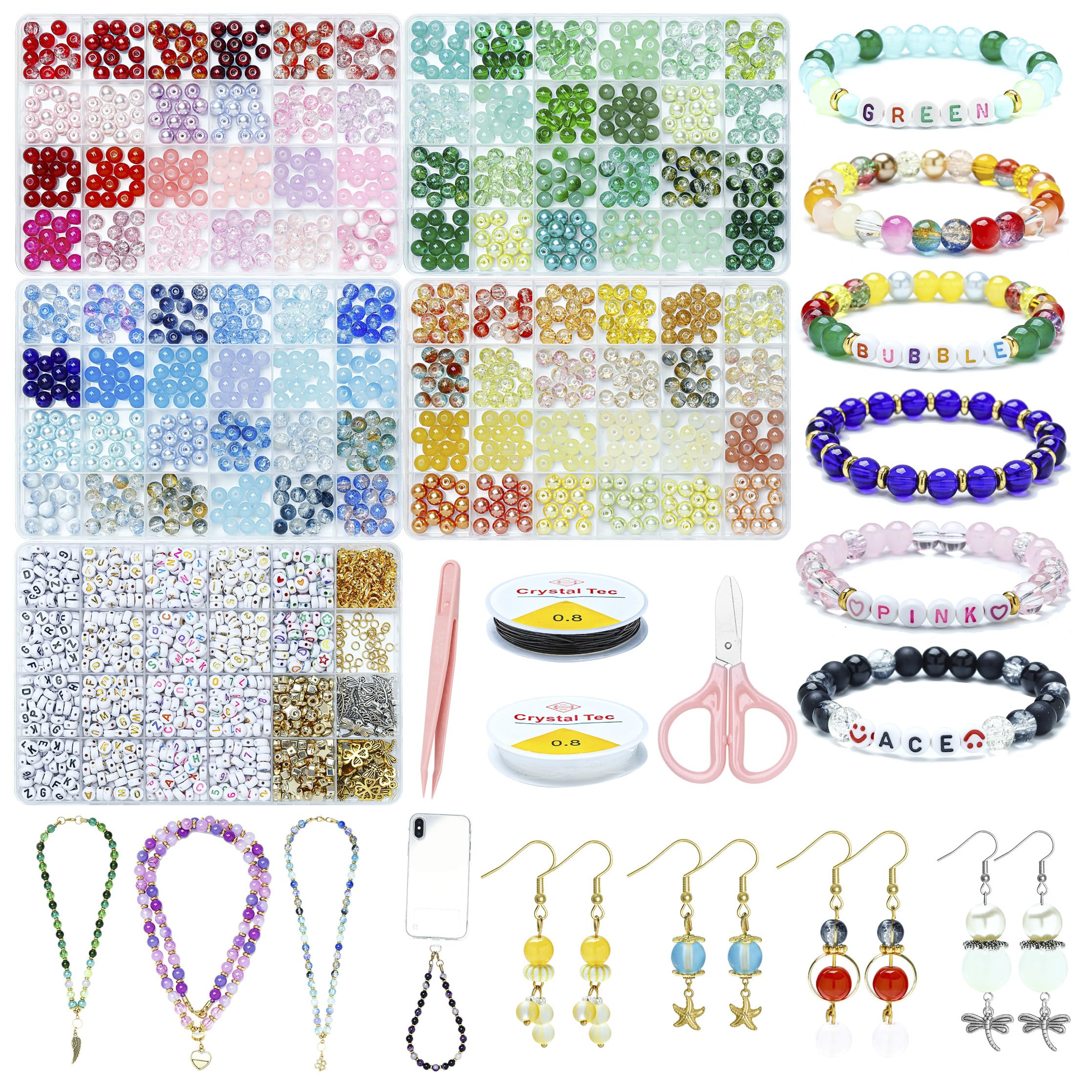 1808 Pcs 8mm Glass Beads Kit, 96 Colors Round Beads for Jewellery Making