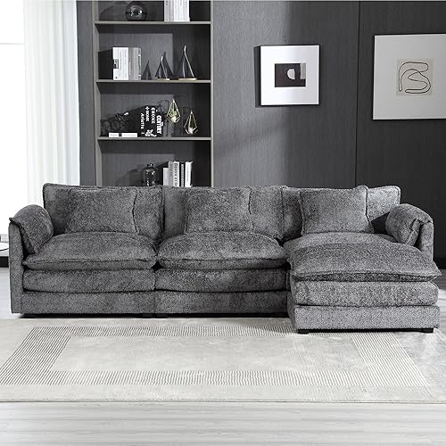 Sofá en forma de L de 112.2 pulgadas, moderno sofá modular modular con otomana móvil, sofás tapizados de nube Boucle para sala de estar, gris