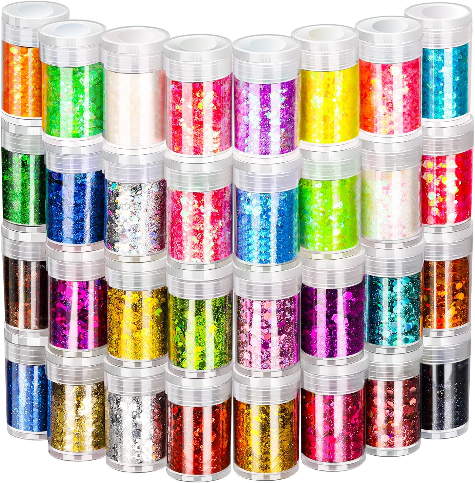 32 Pots Chunky Holographic Glitter, FANDAMEI Reflective Body Glitter for Eyes Face Cheek Hair Nails Lips, Festival Cosmetic Glitter Sparkle for Resin Wax Melts Crafts Decoration in Christmas Party