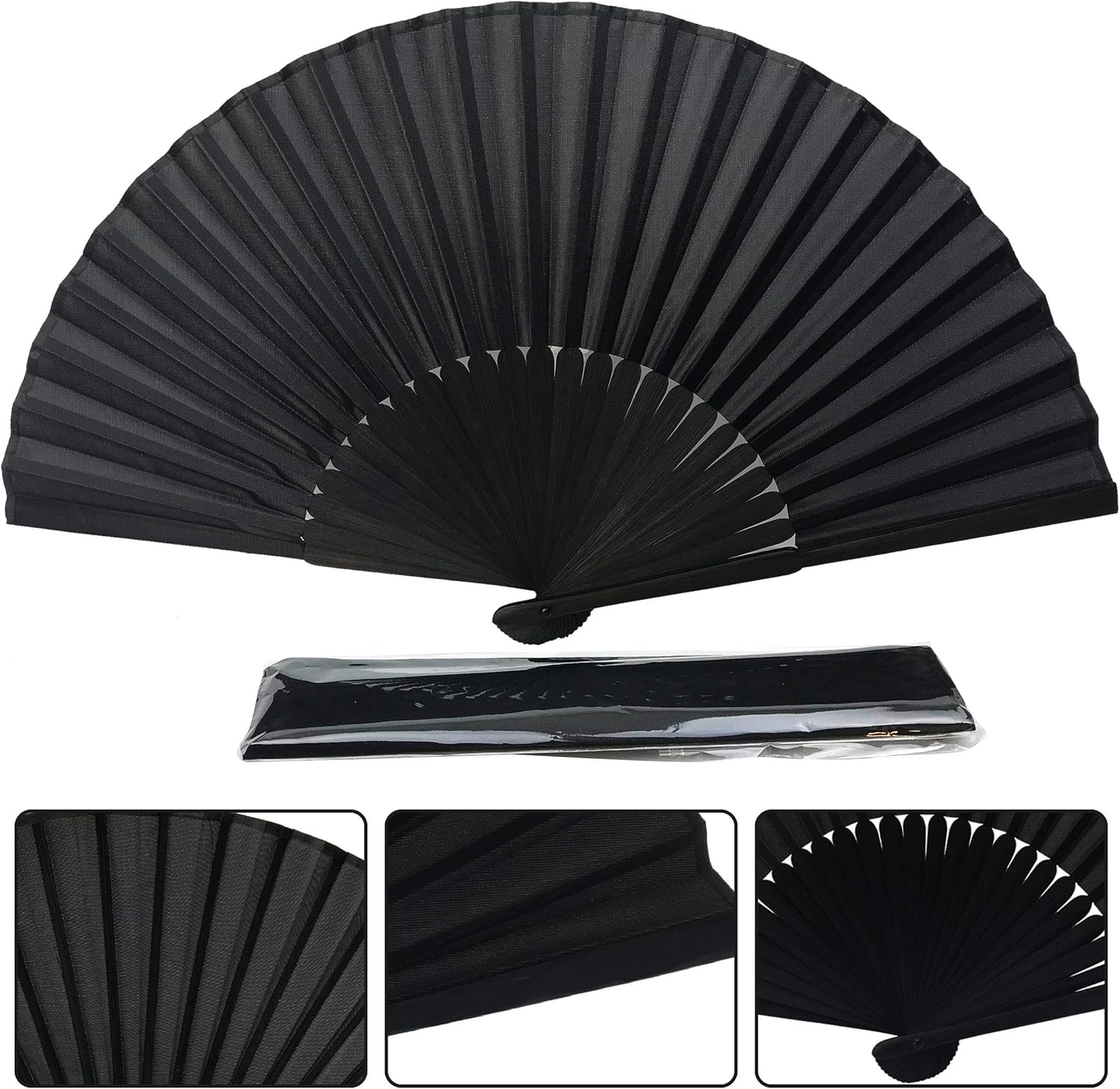 FANSOF.FANS Black Silk Fabric Folding Hand Held Fan with a Pouch Bamboo Ribs Chinese Vintage Handheld Girls Women Wedding Party Favour Gift (Simple Black)