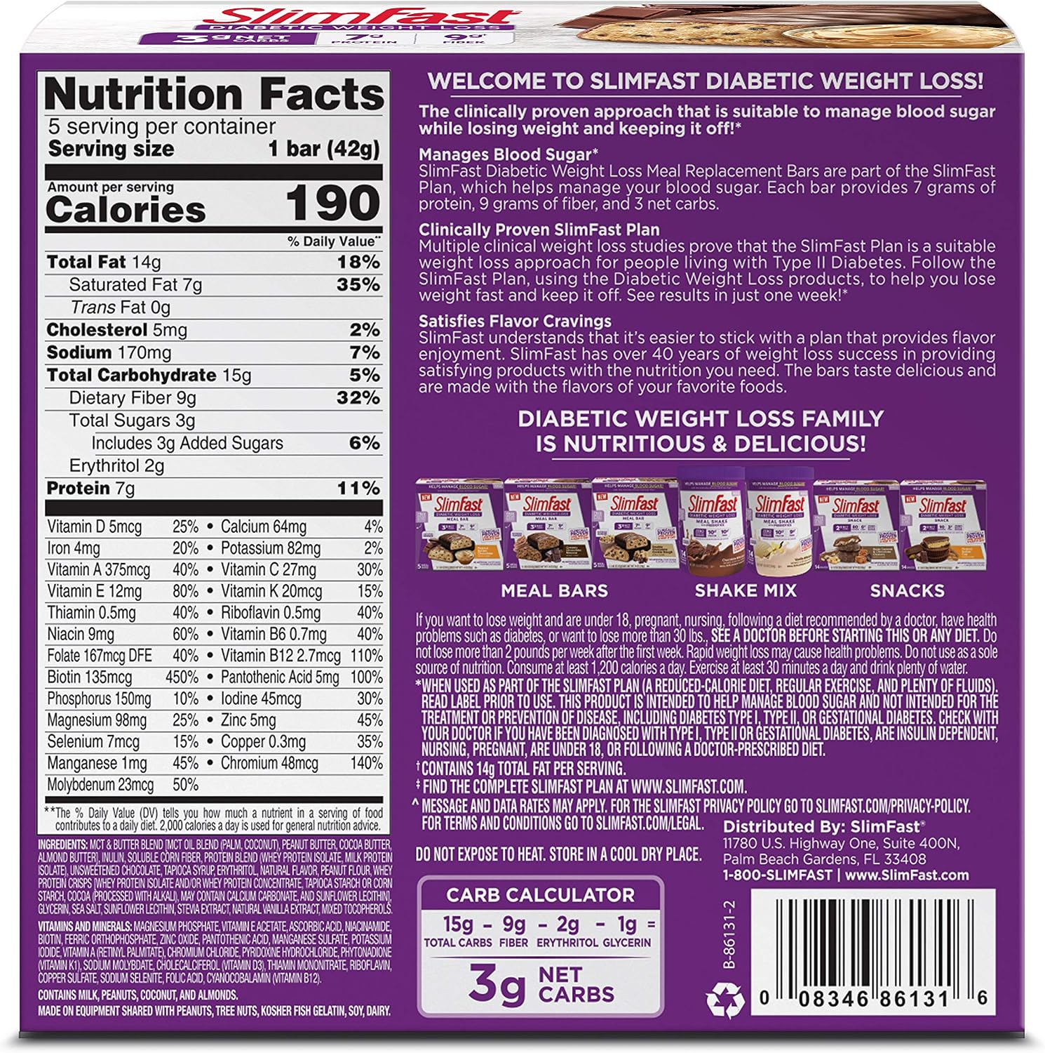 SlimFast Low Carb Meal Replacement Bar, Diabetic Friendly Chocolate Snacks for Weight Loss with 7g of Protein, Peanut Butter Chocolate, 5 Count Box (Packaging May Vary)