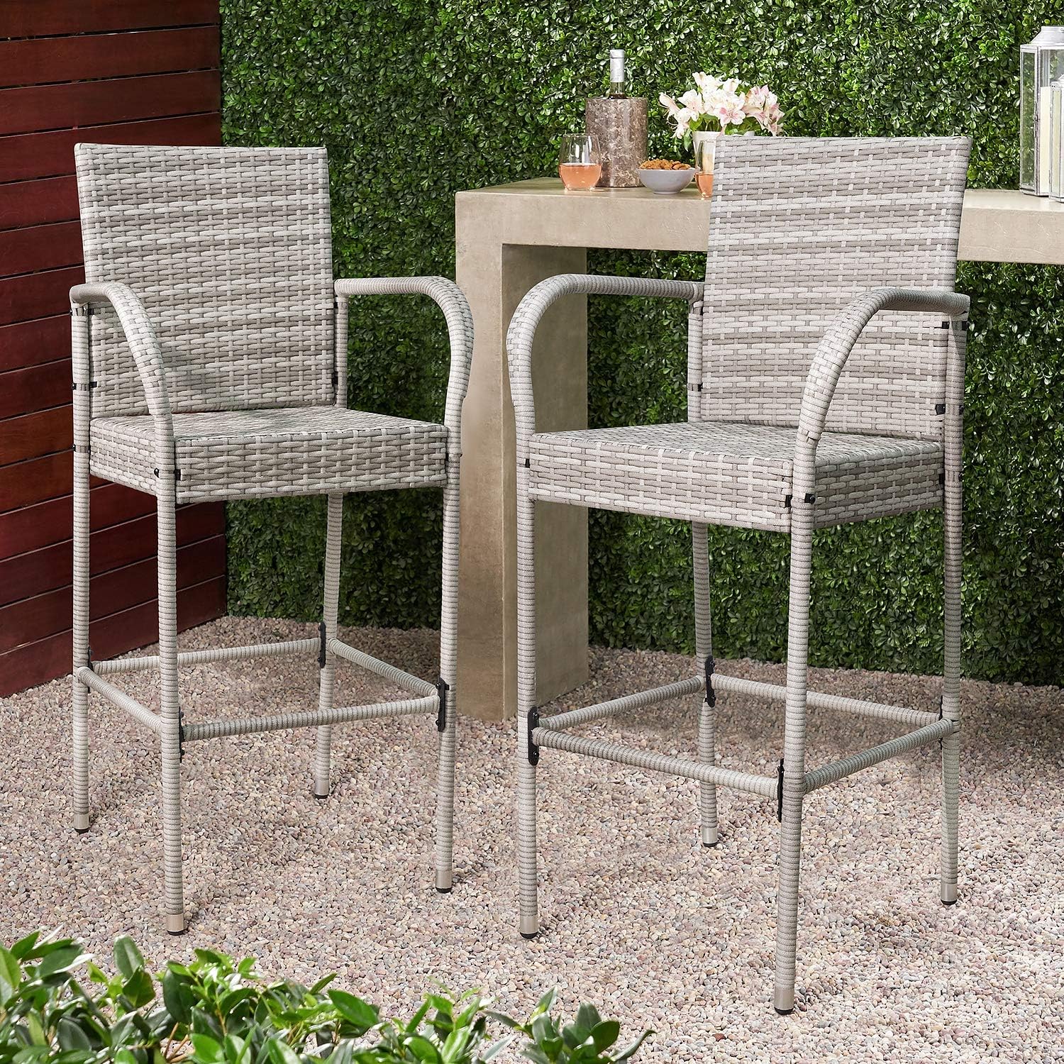 Homall Patio Bar Stools Wicker Barstools Indoor Outdoor Bar Stool Patio Furniture with Footrest and Armrest for Garden Pool Lawn Backyard Set of 2 (Gray)