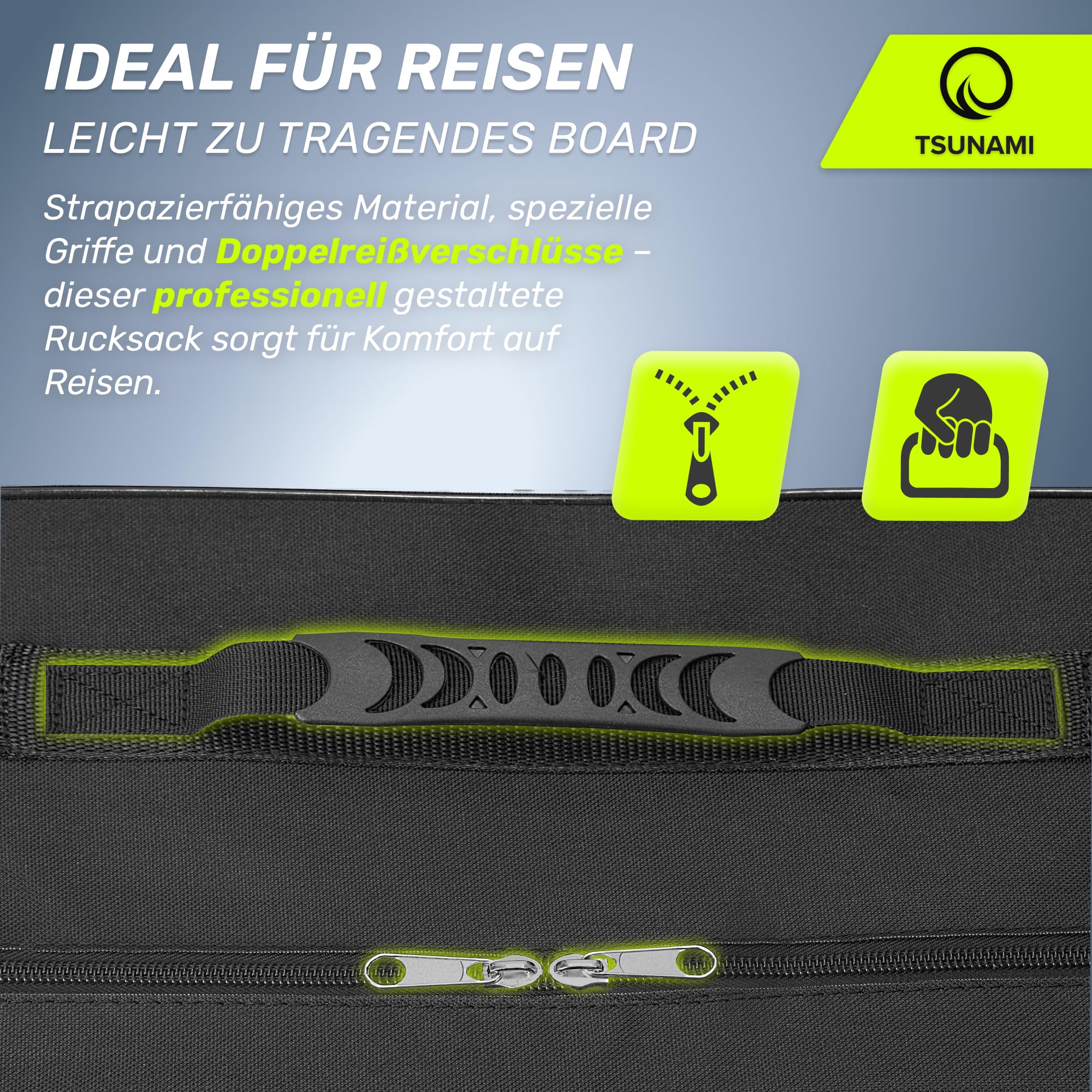 TSUNAMI Stand Up Paddling Board Rucksack, Große Kapazität Tragbare, SUP-Board Zubehör, Zwei Getränketaschen, Schnell trocknendes Material Nylon, Strumpfhalter mit Netz, 50x25x90 cm, Schwarz