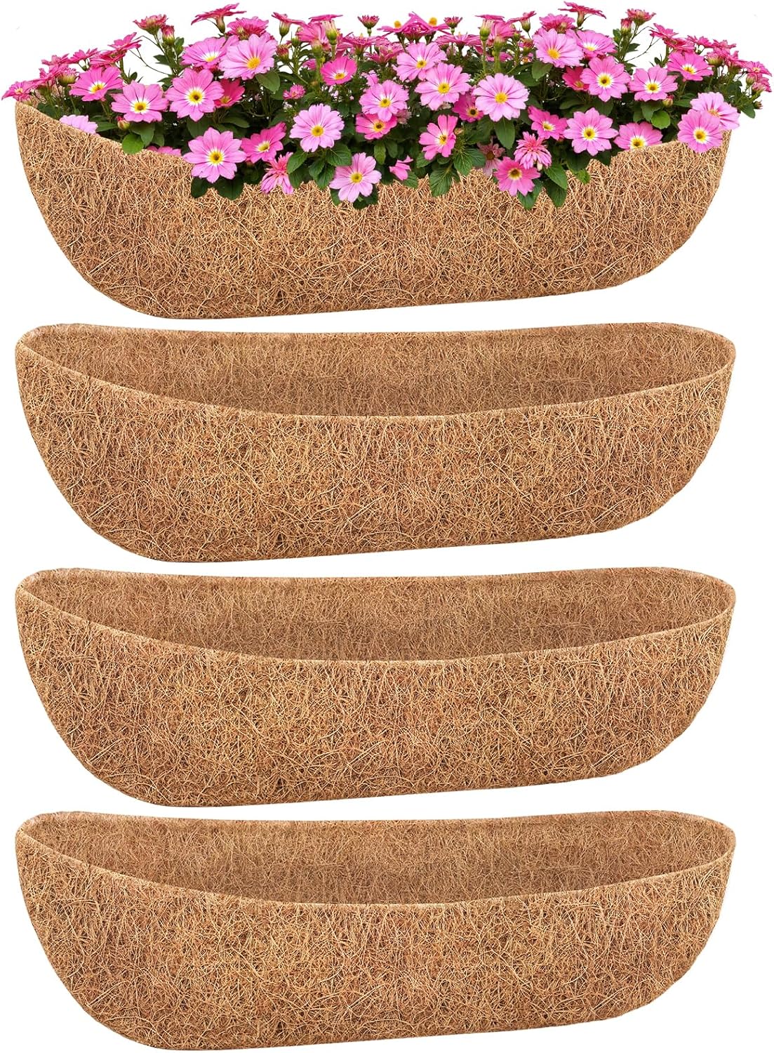 4 Pack 30 Inch Trough Coconut Liners for Planters- Natural Coco Liner Window Box Liners Replacement, Coconut Fiber Planter Liner for Outdoor Flower Planters, Deck Railings, Fence and Balcony