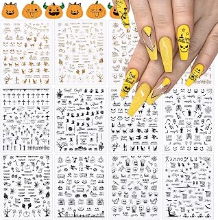 12 Sheets Halloween Nail Stickers, EBANKU Black Gold 3D Self-Adhesive Nail Decals Ghost Pumpkin Grimace Skull Spider Cat Nail Sticker Designs for Women Girls Halloween Party