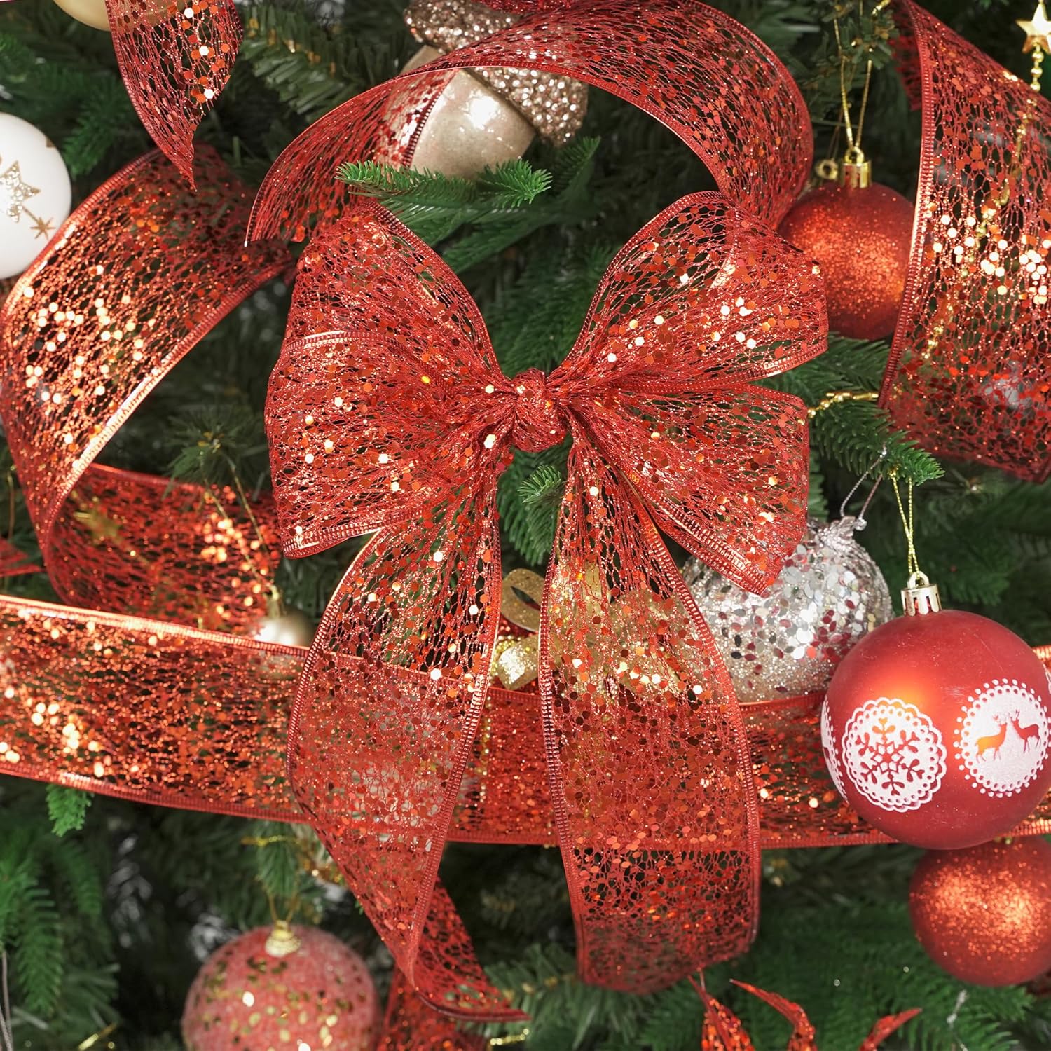 Champagne Gold Glitter Fan Ribbon, Champagne Christmas, 2.5 Inch Champagne Christmas Tree Decoration, Wreath, Garland Bow Making (25 Yards)