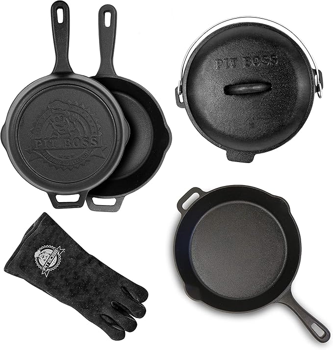 Pit Boss 6 piece cast iron starter kit with skillets, camp oven and glove