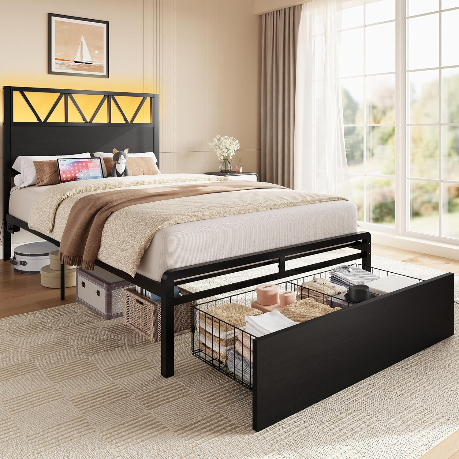 LIKIMIO Twin Bed Frames with Drawer, Charging Station and LED Lights, Twin Bed Frame with 43" Tall Headboard, No Box Spring Needed, Easy Assembly for Teen Rooms, Small Apartments & Bedrooms, Black