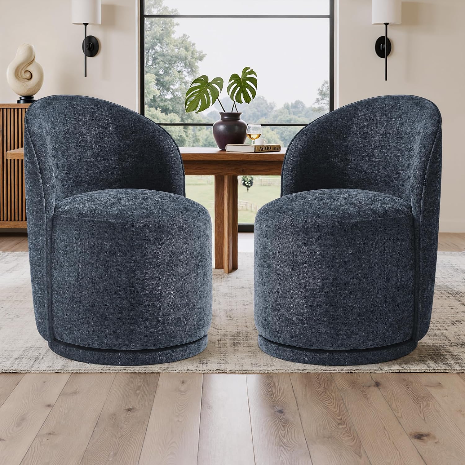 UIXE 360° Swivel Barrel Dining Chairs Set of 2, Fabric Upholstered Kitchen & Dining Room Accent Chair, Contemporary Round Makeup Vanity Side Seats for Bedroom Living Room - Navy Blue