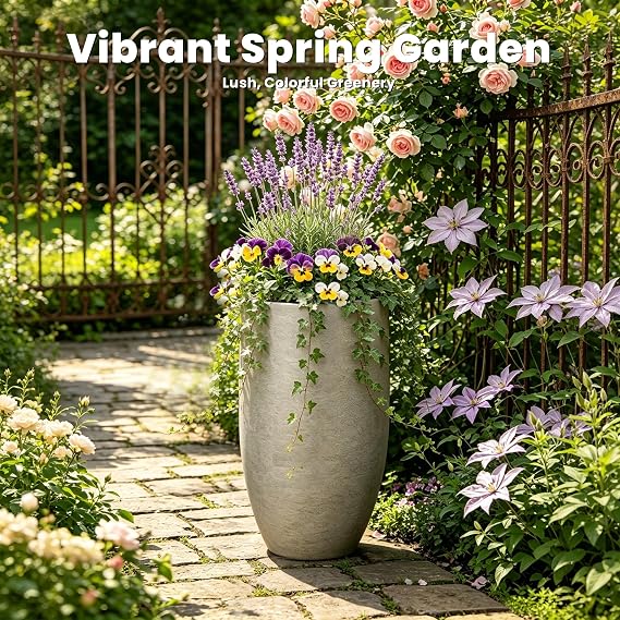 Kante Weathered Concrete Planter 24 Tall All-Weather Round Large Pot | Handcrafted Cement Tapered, Anti-Frost & UV Outdoors, Plug for Indoor, Lightweight & Durable, Modern Home, Garden, Porch