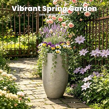 Kante Weathered Concrete Planter 24 Tall All-Weather Round Large Pot | Handcrafted Cement Tapered, Anti-Frost & UV Outdoors, Plug for Indoor, Lightweight & Durable, Modern Home, Garden, Porch