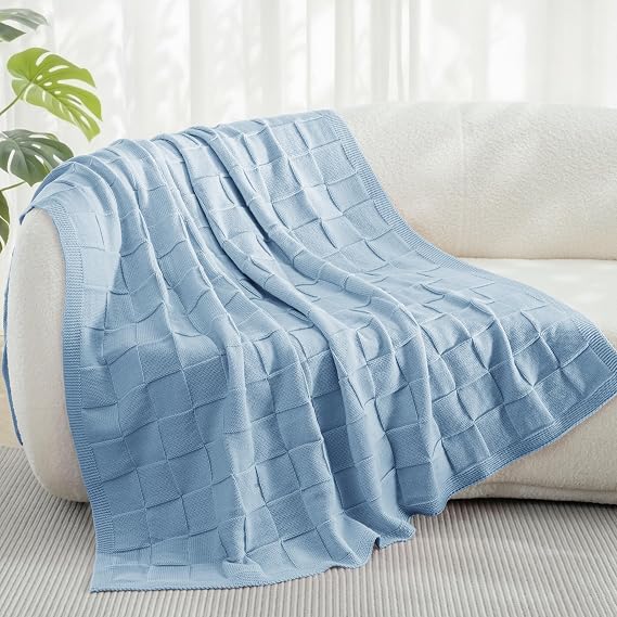 Whale Flotilla Checkered Knit Throw Blanket for Couch, Blue