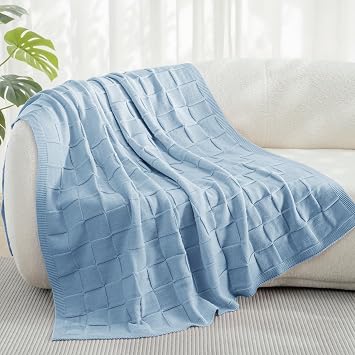 Whale Flotilla Checkered Knit Throw Blanket for Couch, Blue