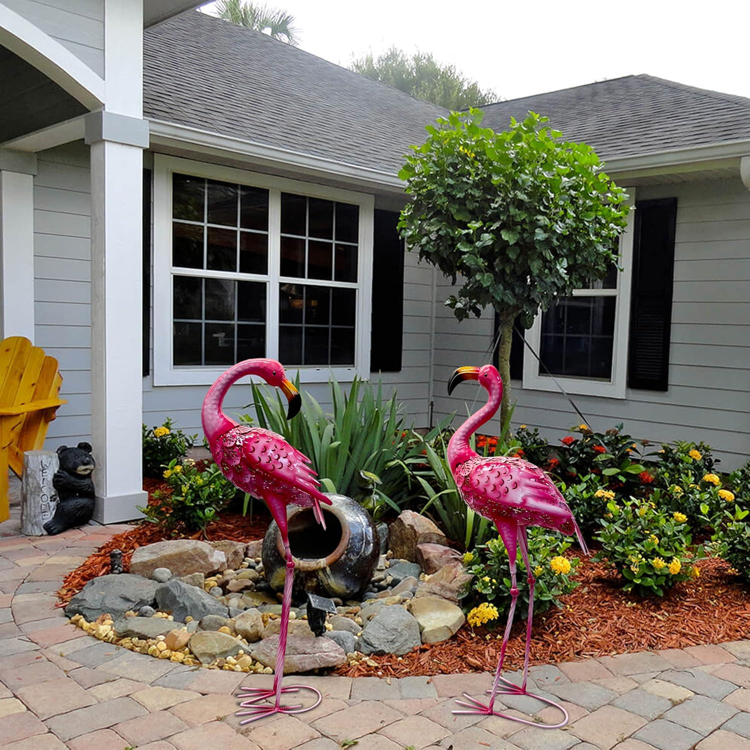 2 Pack Pink Flamingo Metal Garden Statues Outdoor Art, Tropical Yard Decor Lawn Decorations for Backyard Patio, Animal Bird Ornaments Gifts for Women Mom