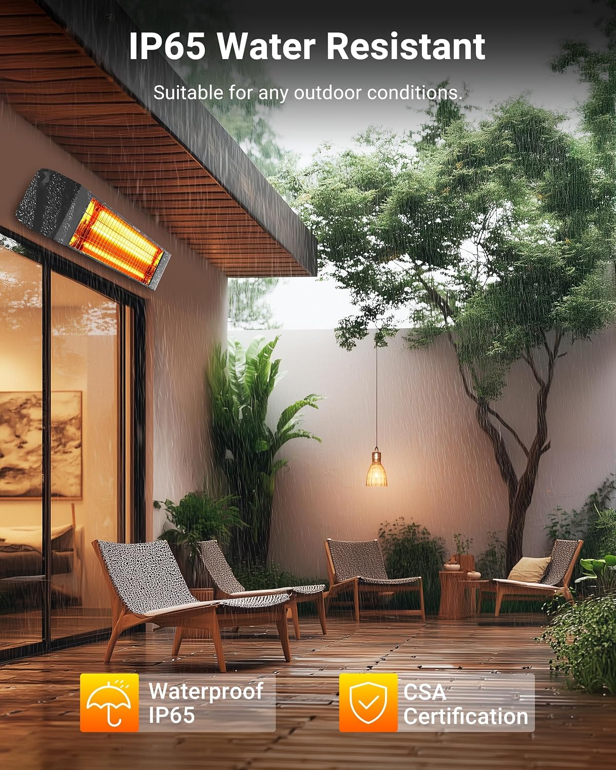 Pasapair heater mounted on an outdoor patio wall during rain, highlighting its IP65 water resistance