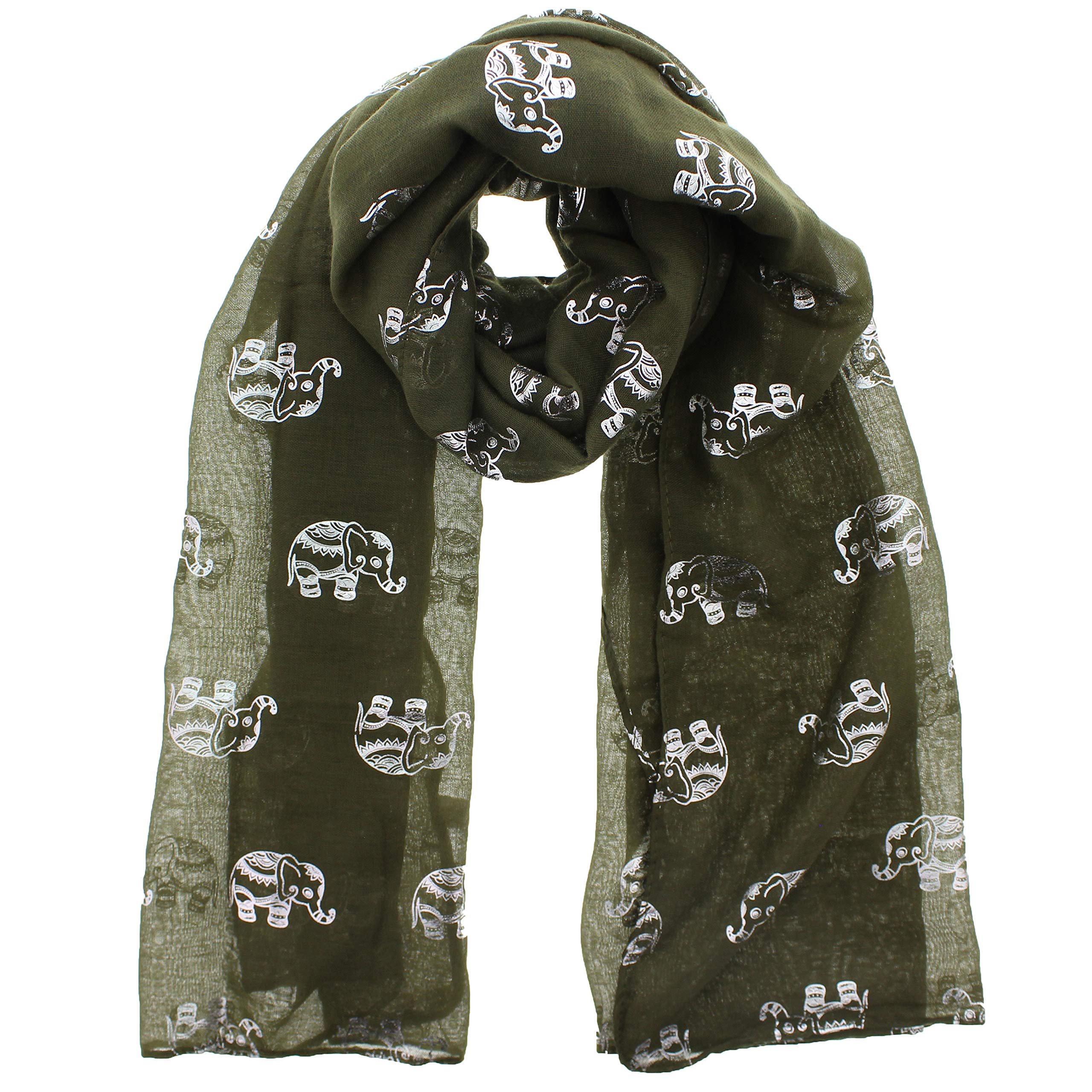 Zac's Alter Ego Women's Olive Scarf With Silver Foil Metallic Glitter Elephant Print
