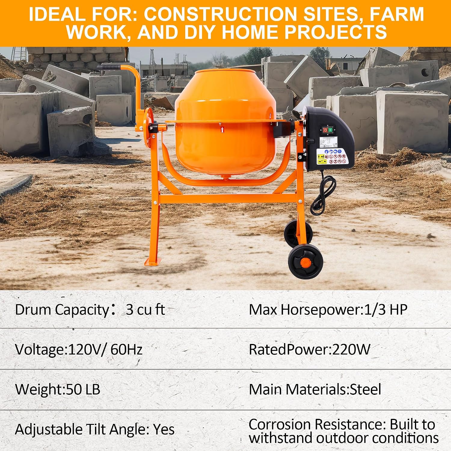 3.0 Cu. Ft Electric Cement Mixer, 220W 1/3 HP Portable Concrete Mixer with Wheels and Stand, Heavy Concrete Mud Mixer Tools, Adjustable Tilt for Mortar Stucco Seeds and Fodder, Orange