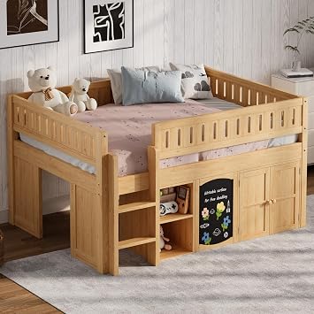 Polibi Full Size Low Loft Bed with Storage Cabinet & Chalkboard - Space Saving Wood Bed for Kids Teens, Sturdy Solid Wood Frame with Shelves,Natural