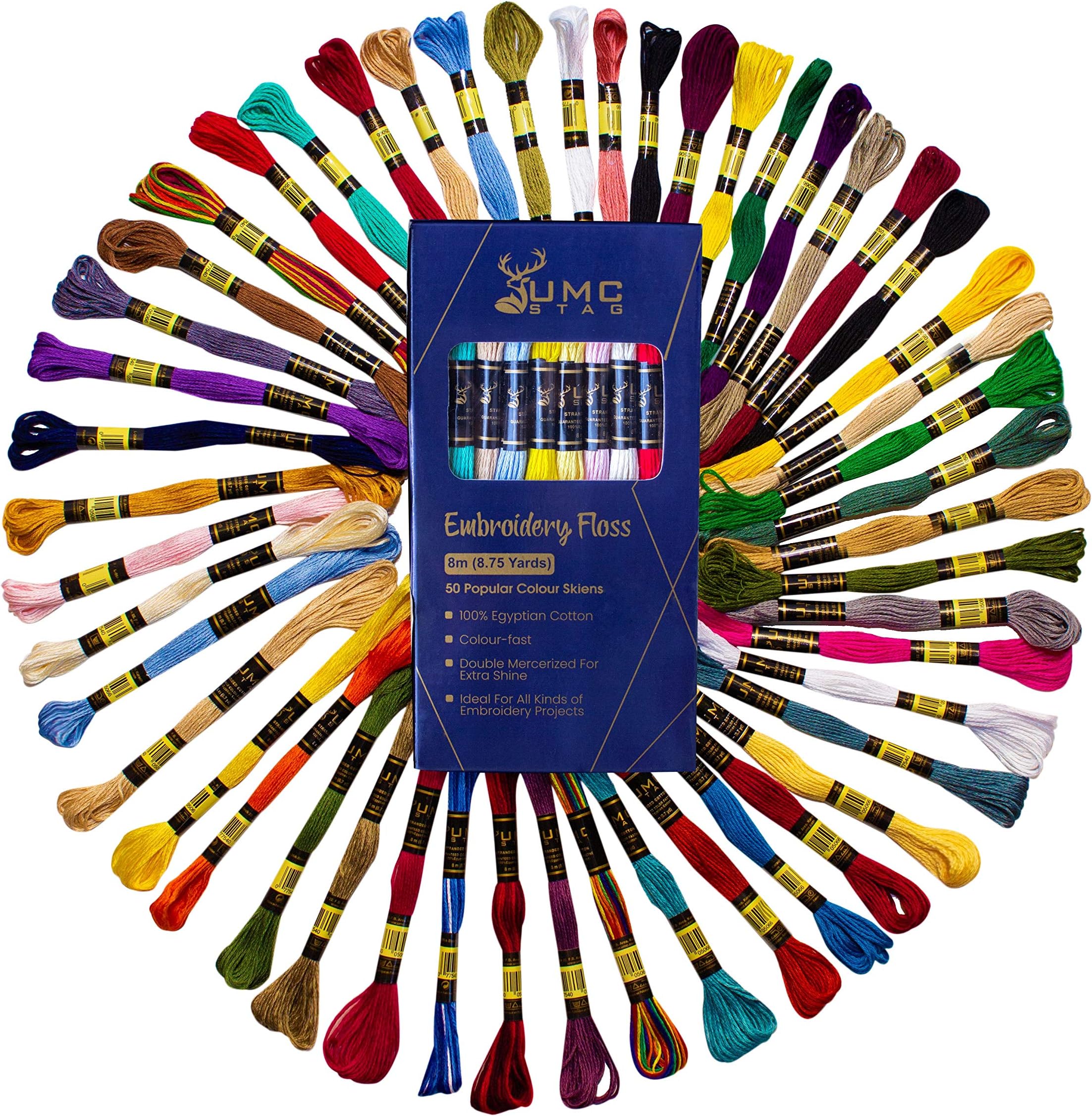 UMC STAG Pack of 50 Popular Colours Premium Embroidery Thread | 100% Egyptian Cotton Premium Skeins | Cross Stitch Embroidery Floss | Oeko TEX Certified Stranded Cotton | Ideal for Arts & Crafts