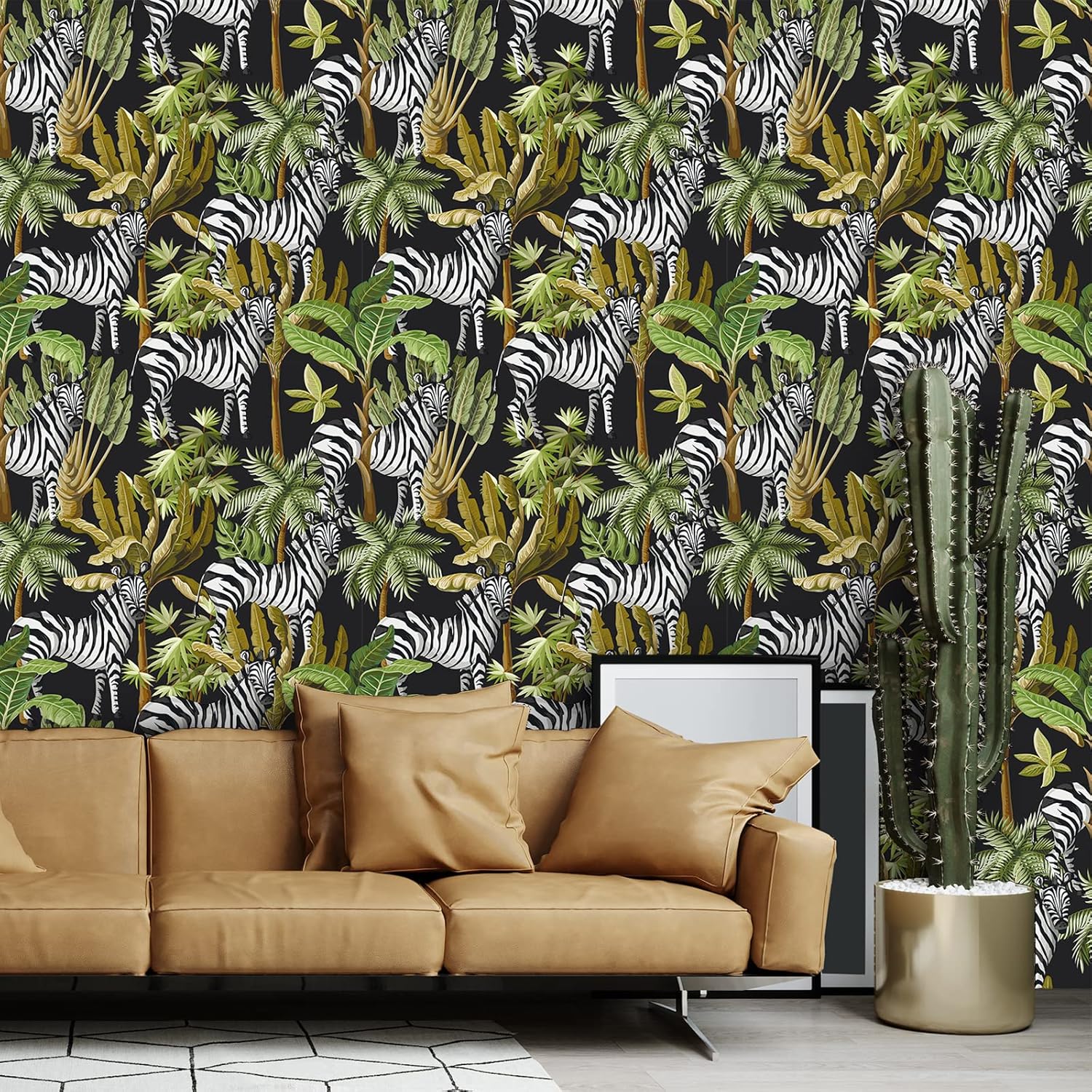 VEELIKE Jungle Zebra Wallpaper 17.7''x354'' Tropical Palm Tree Zebra Peel and Stick Wallpaper Removable Self Adhesive Decorative Black Contact Paper for Living Room Bathroom Wall Hallway Cabinet Shelf