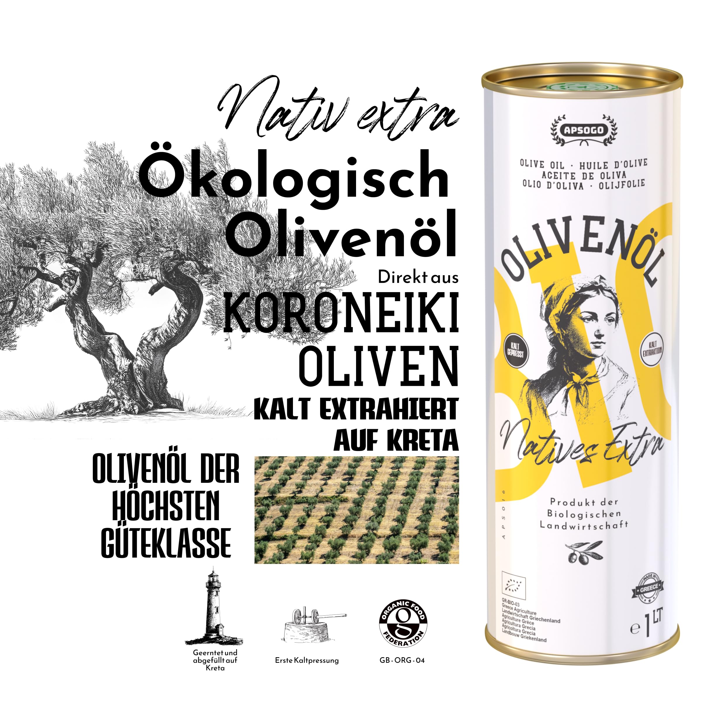 APSOGO Bio Olivenöl Nativ Extra 1L – Kaltextrahiertes Olivenöl aus Kreta, Griechenland – reich an Polyphenolen – Extra Virgin Olive Oil