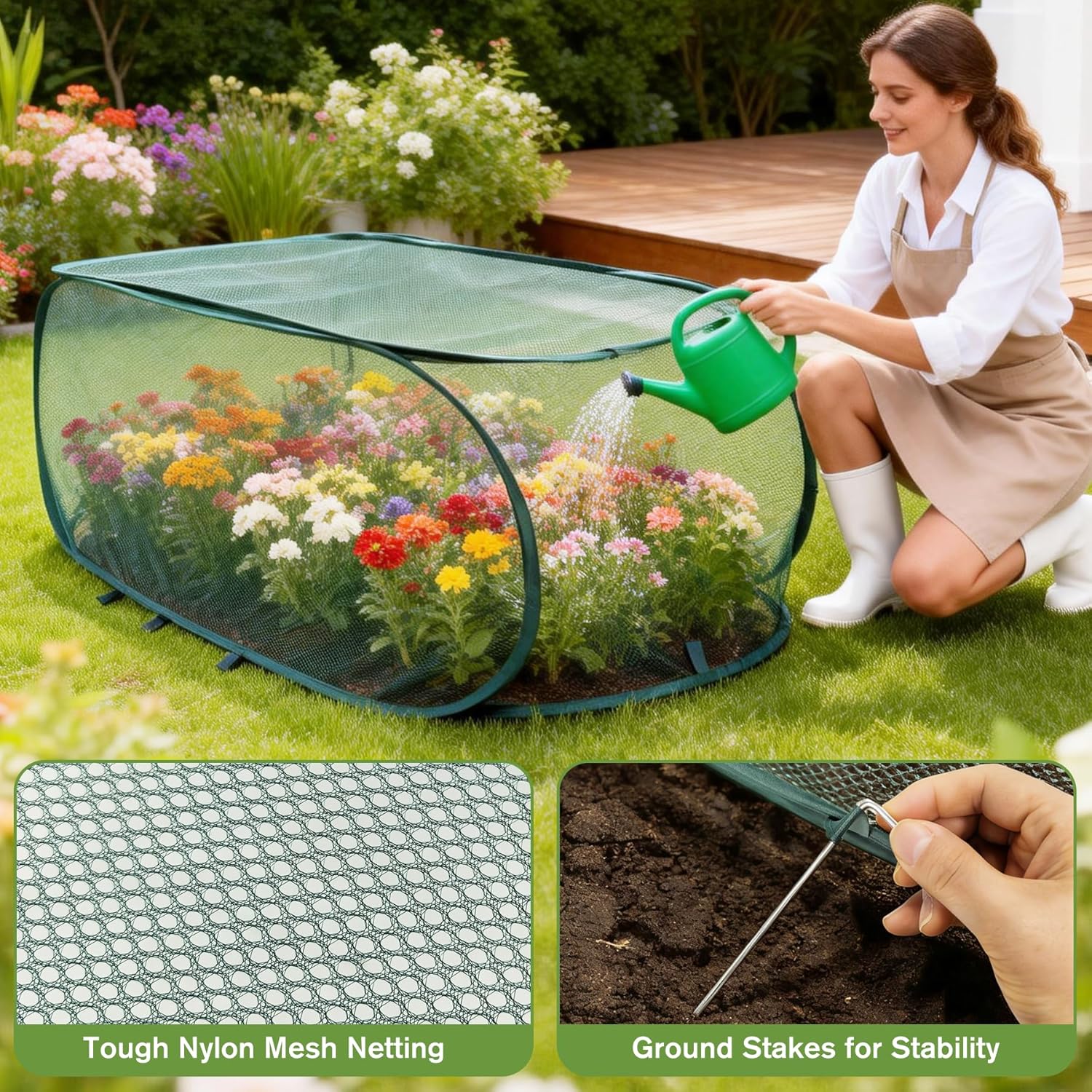 8Pack Garden Covers for Raised Beds, Reusable Pop Up Mesh Plant Covers with Ground Nails, Lightweight Outdoor Crop Cage Plant Protector for Vegetables Fruits Seedlings & Flowers, 35"L x 15"W x 15"H
