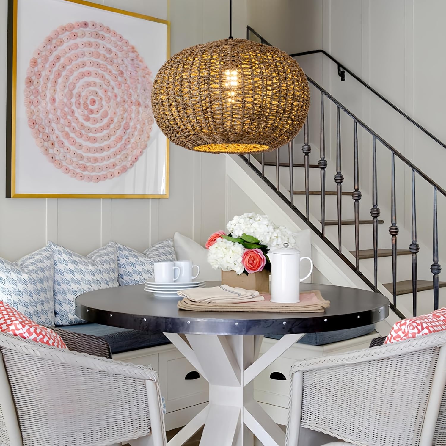 19.7in Rattan Light Coastal Pendant Lights Brown Wicker Hanging Ceiling Chandelier Lighting Fixture for Dining Room Restaurant Kitchen Island Living Room Hallway Yard Bedroom 1-Light