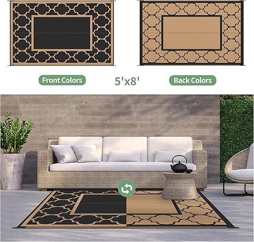 Miniatura 4 de GENIMO Alfombra de exterior de 5 x 8 pies, impermeable, para decoración de patio, plegable, reversible, de plástico, para cámper, caravana, terraza,
