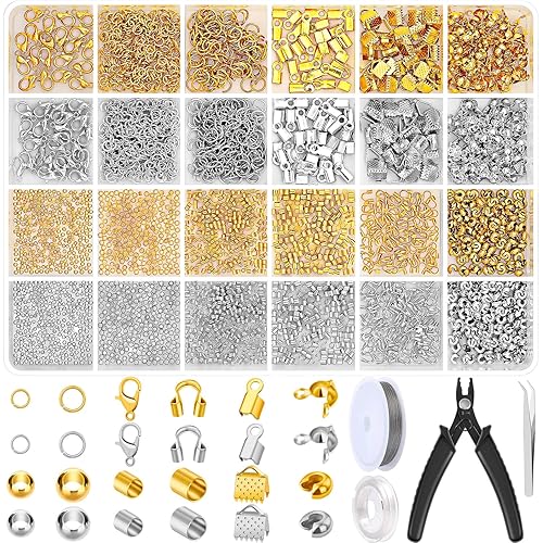 2384Pcs Crimp Beads Supplies for Jewelry Making, Including Crimp Bead Covers, Crimp Tubes, Bracelet Clasps and Closures, Crimp Ends, Jump Rings, Crimping Pliers and Beading Wire for Bracelets Making