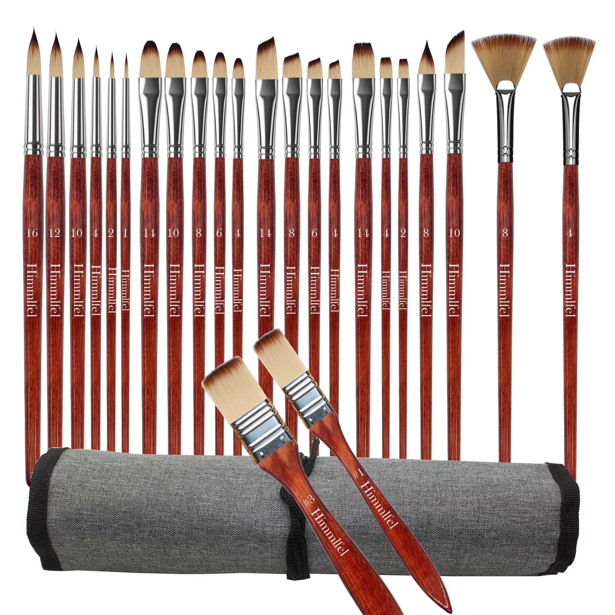 Himmlfel 24pcs Paint Brushes Including Round, Filbert, Angled, Flat, Fan, Cat Tongue and Dagger Brush Types, for Many Painting Needs, for Acrylic, Watercolour, Oil and Gouach Painting