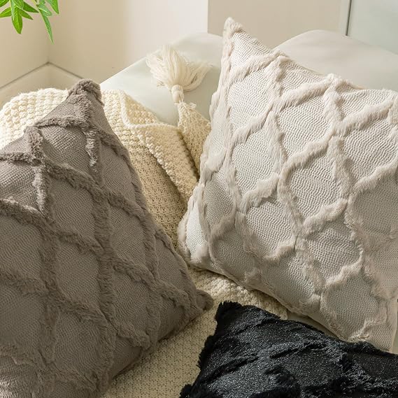 Set of 2 Soft Moroccan Throw Pillow Covers 20x20 Inch Plush Boho Decorative Pillow Cover Accent Cushion Case for Couch Sofa Bed, Beige